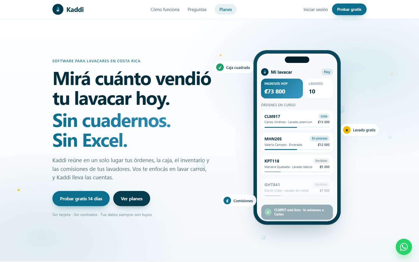 Página de inicio de Kaddi: panel de un lavacar con los ingresos del día y las órdenes en curso